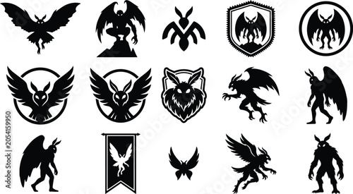 Set of mothman creature silhouettes isolated on a white background for mystical design or horror projects.