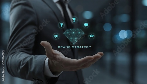 Brand Strategy Vision: A businessman in a sharp suit extends his open palm, showcasing a glowing digital diamond representing brand strategy, surrounded by innovative icons.