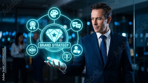 Brand Strategy Icon: A businessman in a suit holds a holographic display showing a brand strategy icon, surrounded by various marketing and business-related symbols.