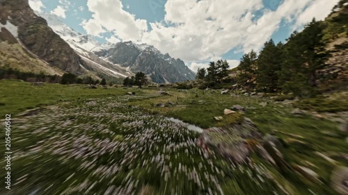 Wide scenic view of a grassy alpine valley with rocky slopes, scattered trees, and distant snow-dusted peaks beneath a bright cloudy sky, with slight motion