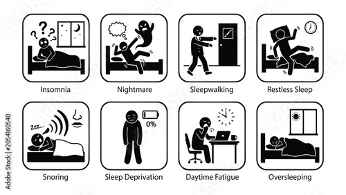 Fotografie Sleep disorder symptoms and problems pictogram icon set