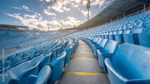 Rows of blue football stadium  chair seats sit empty and quiet. 