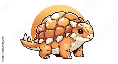 Round Chibi Ankylosaurus Logo with Glossy Highlights in Warm Amber and Cream Waddle Pose Mascot