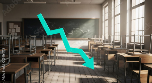 Green arrow pointing downward symbolizing economic downturn or education budget cuts