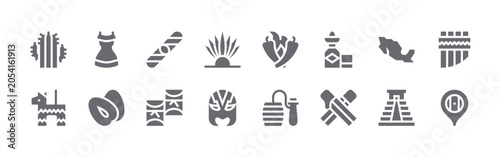 Foto 16 solid Mexico icons for web, app and interface design featuring cactus, pi?ata, dress, mammee, cigar