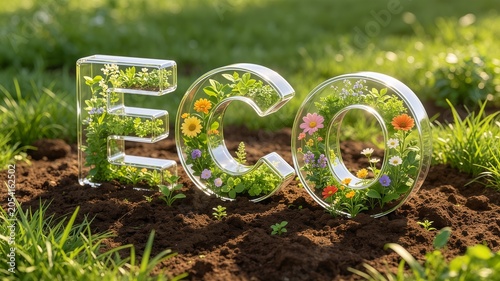 Clear glass letters spelling eco filled with growing green plants and vibrant flowers resting on dark soil in sunny nature