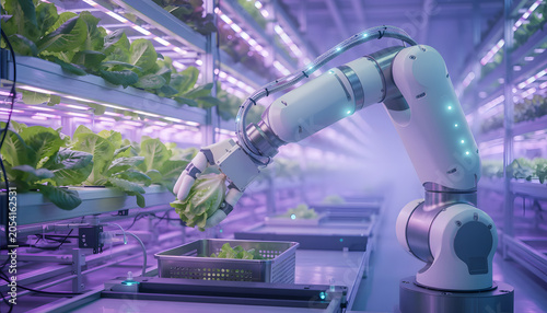 Robotic arm harvesting fresh green lettuce into a container inside a vertical hydroponic facility. Smart farming, automated agriculture technology, innovation and indoor agritech concept.