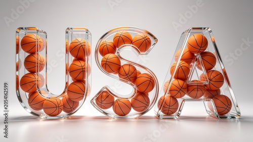 Transparent glass letters spelling out usa completely filled with bright orange basketballs resting on a clean glossy white studio background
