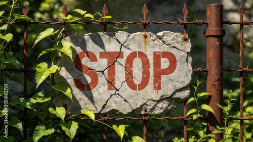 Weathered cracked stone sign featuring painted red stop text attached to a rusty barbed wire fence with climbing green vines