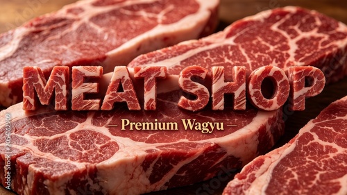 Raw premium wagyu beef background featuring 3d meat shop typography made of fresh steak texture with high marbling