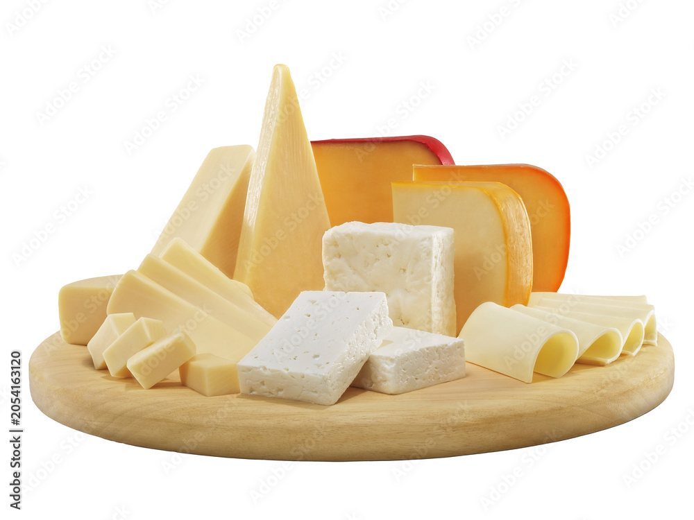 Fototapeta premium Assortment of sliced cheese varieties arranged on wooden board with knife minimalist still life isolated PNG on transparent background