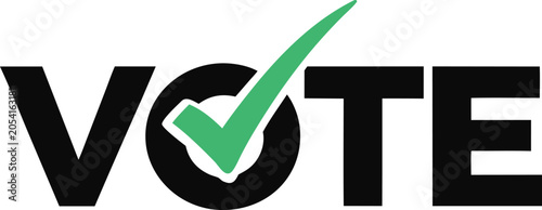 Bild auf Leinwand The word VOTE in bold black letters with a green checkmark replacing the letter O