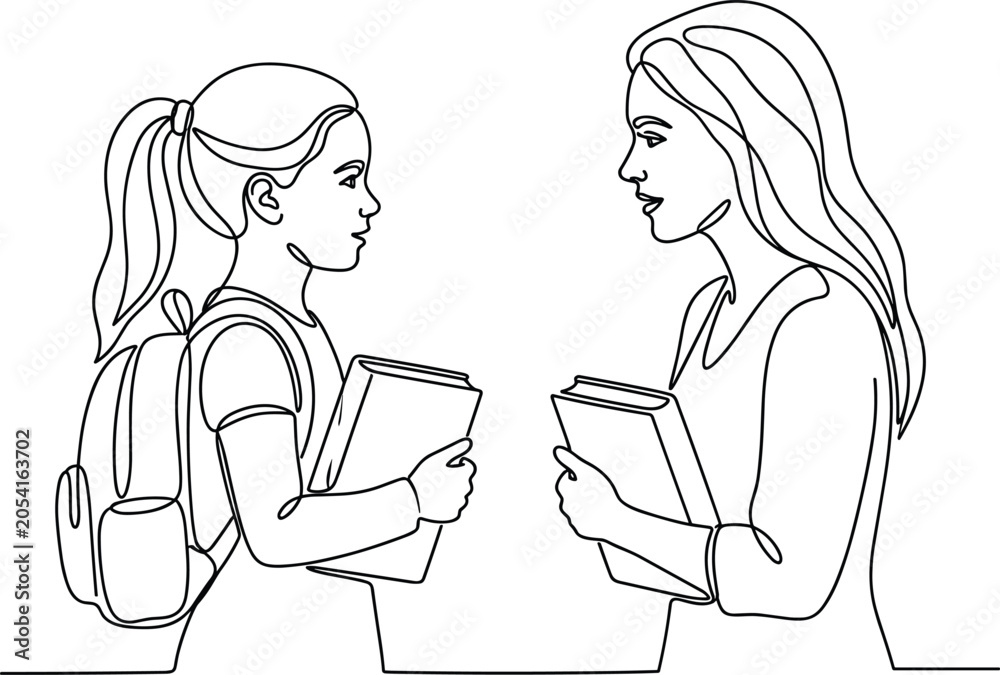 Fototapeta premium Continuous line art vector illustration of a mother or teacher talking to a schoolgirl holding books isolated on white background.