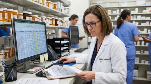 Pharmacist wearing a lab coat and glasses, intently reviewing patient records and computer data in a busy pharmacy setting.