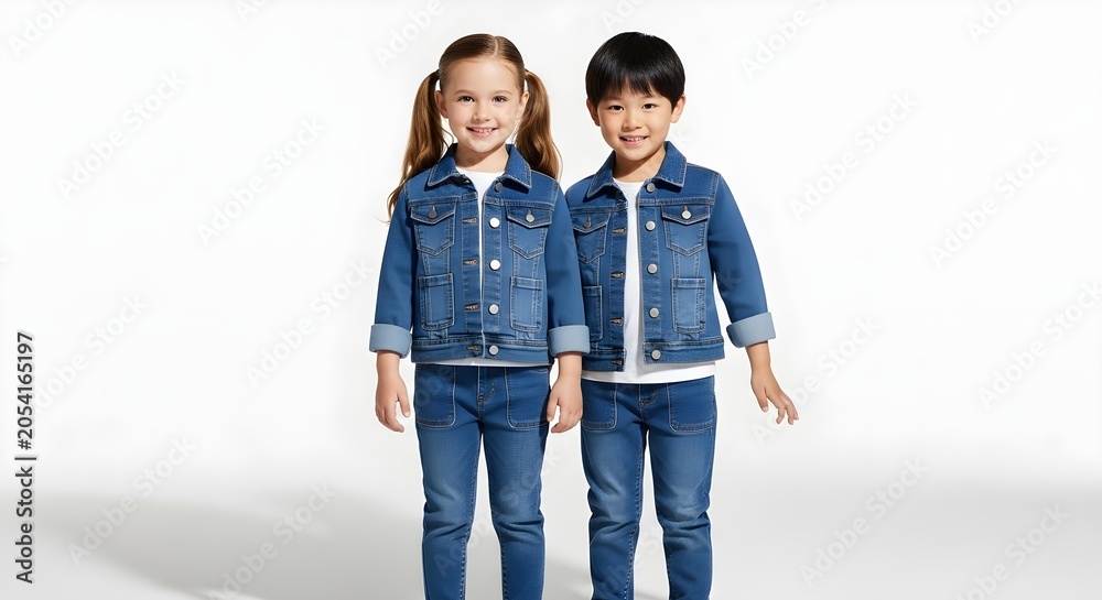 Fototapeta premium Diverse Happy Children Wearing Matching Denim Jackets on White