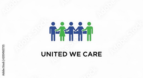Graphic illustration of diverse group holding hands together with united we care text below icon.