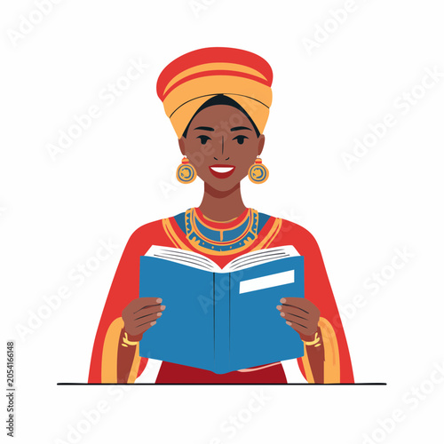 Woman in Traditional African Attire Reading a Book