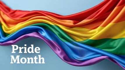 Waving rainbow LGBT pride flag on blue background with Pride Month text. Colorful silk fabric banner for LGBTQ community celebration concept design.