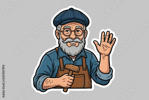 Illustration of an elderly bearded carpenter waving hello with carpenter