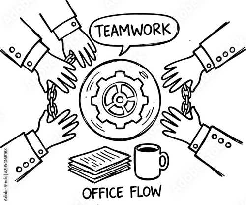 A black and white hand drawn showing teamwork and office flow with hands holding a chain around a gear on a white background