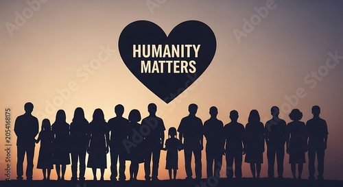 Silhouette of large diverse group of people standing under a heart with humanity matters text inside.