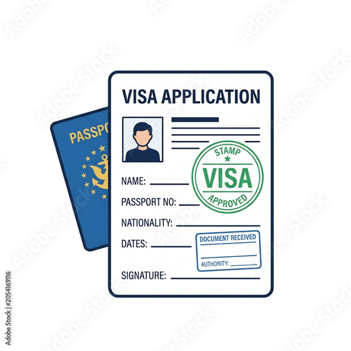 Approved visa application document displayed with passports and travel credentials.