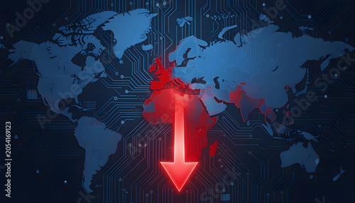 digital illustration of a world map with a focus on Europe, indicating a global recession, Global economy, finance crisis, earth with red alarm lines, economic risk concept, created with generative ai