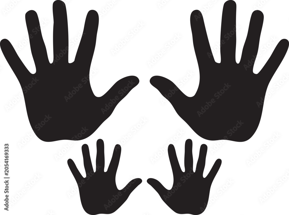 Fototapeta premium Black silhouette of two large hands and two small hands raised, representing family, unity, support, and togetherness on white