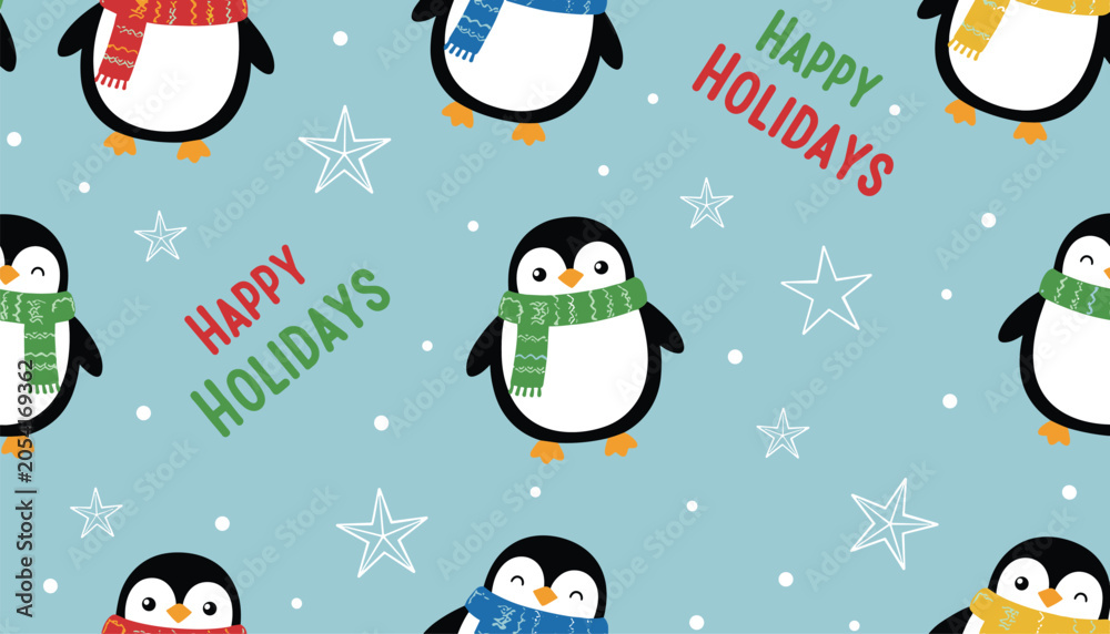Fototapeta premium Seamless pattern with cute cartoon penguins wearing colorful winter scarves and happy holidays text on light blue.
