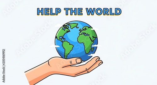 Help the world concept with a hand supporting a globe on a light blue background.