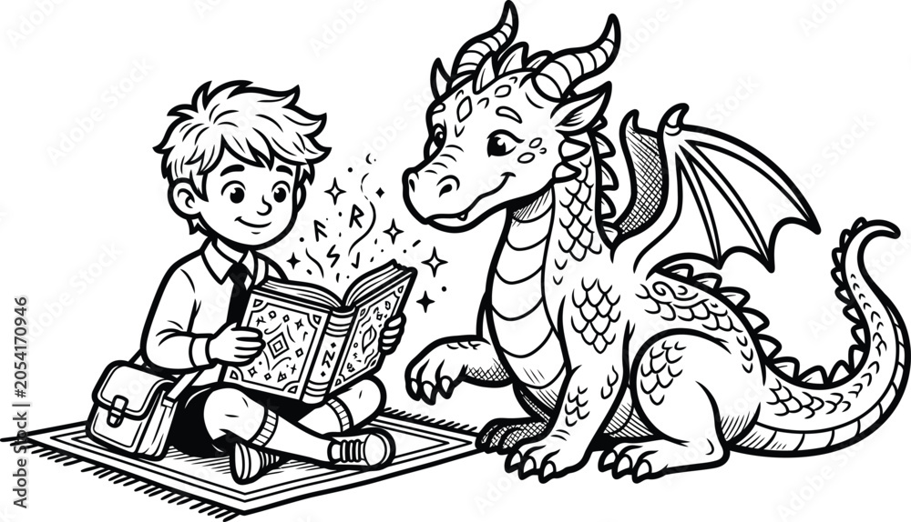 Fototapeta premium Whimsical dragon, boy reading book, fantasy illustration, coloring page, black and white