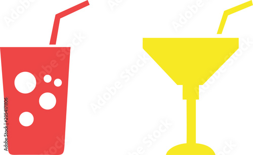 Minimal flat vector icons of a red soda glass and a yellow cocktail glass with straws