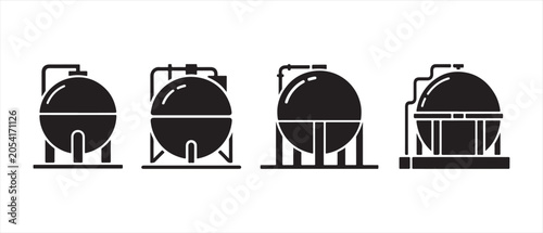 Set of black industrial sphere storage tank icons for oil gas chemical and fuel storage facilities.