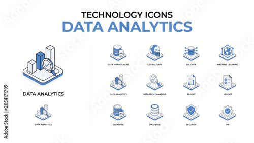 Isometric technology icons for data analytics and business processes on a light background vector