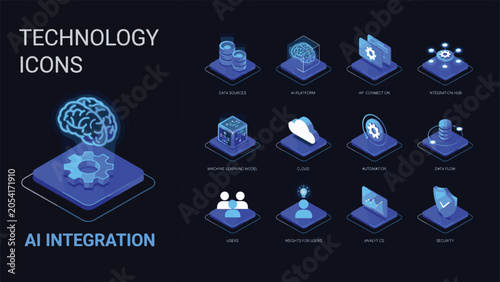 Isometric Technology Icons Representing AI Integration and Data Flow Concepts artificial intelligence
