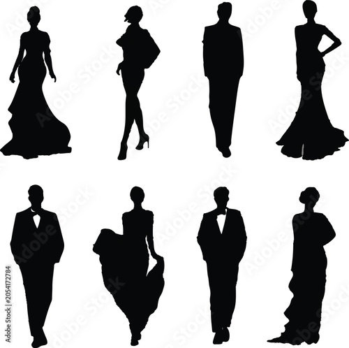 Elegant collection of black vector silhouettes featuring diverse men and women dressed in formal evening wear for fancy gala events
