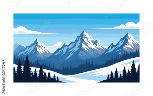 Majestic snow-capped mountains rise above a dense pine forest under a clear blue sky