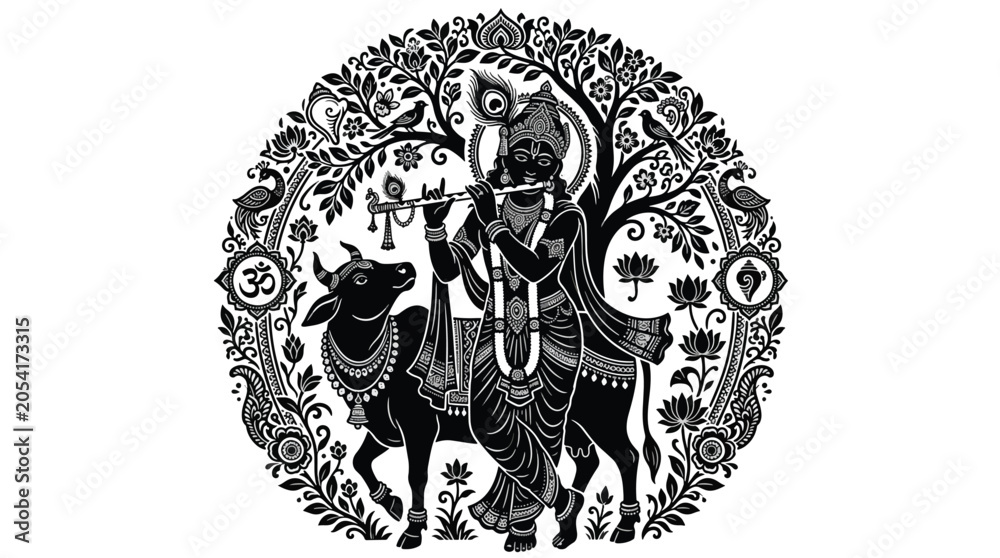 Fototapeta premium Intricate black and white circular illustration of a deity playing a flute, with a sacred cow and traditional motifs