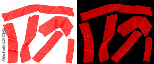 Foto Red gaffer tape strips collection, torn adhesive masking tape pieces on white an