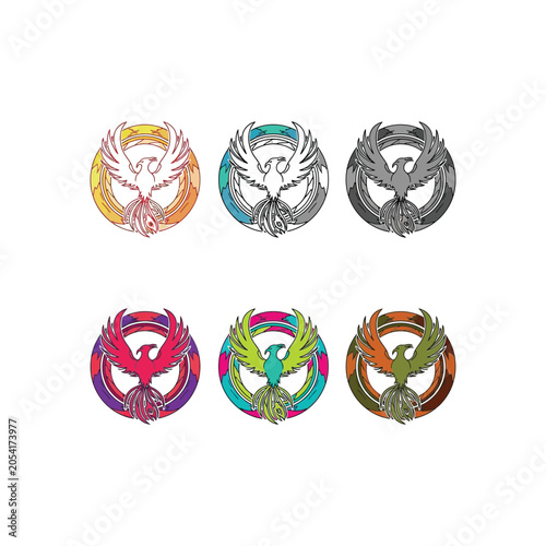 Set of six mythical phoenix bird vector logos and emblems in various colors. Stylized eagle icons for branding, esport mascots, or decorative symbols. Concept of rebirth and power.