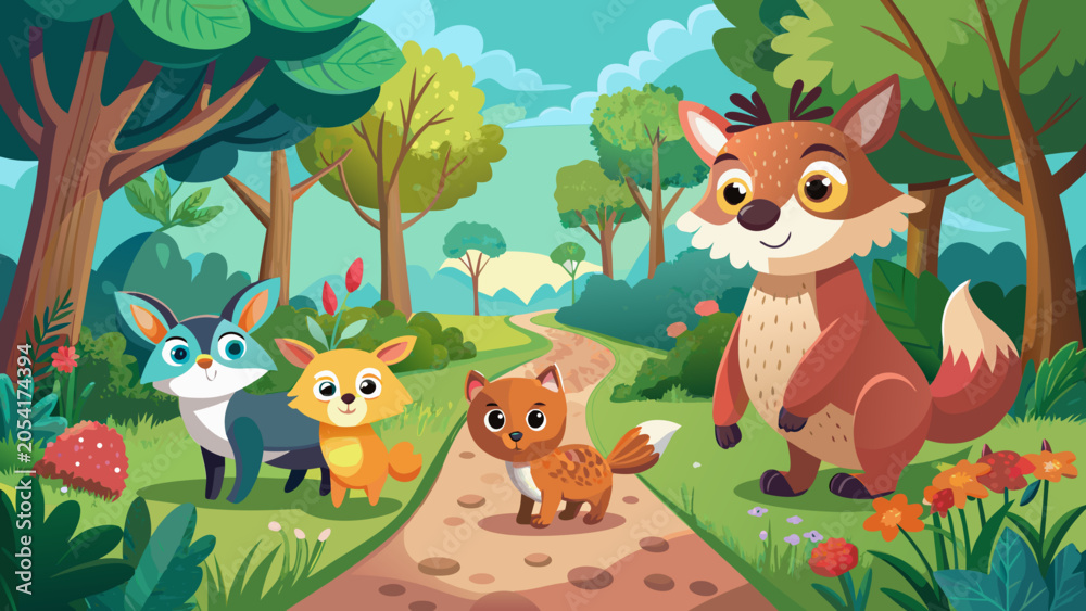 Obraz premium Happy Woodland Animals and Foxes Walking in a Green Forest Vector