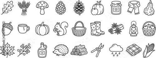 Autumn season line icon set, cozy fall harvest elements vector outline