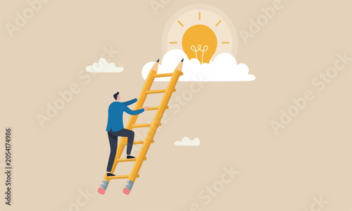 Foto Creative innovative or wisdom concept, businessman creative guy climbing ladder