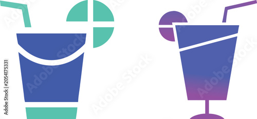 Two colorful cocktail glass icons with a straw and a lime slice for summer drinks and party menu design