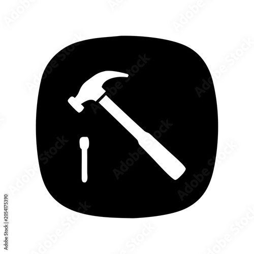 Minimalist hammer and nail icon vector, black square button for construction and home repair, carpentry tool symbol