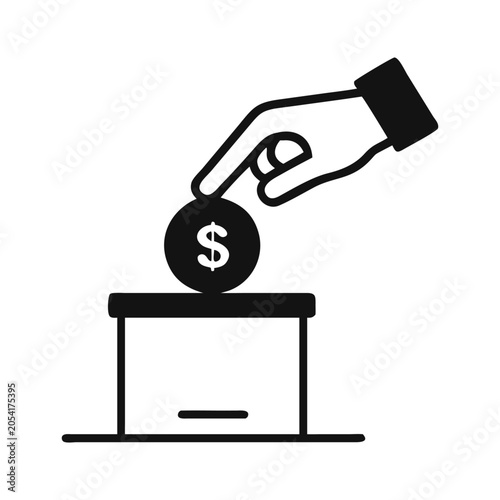 Donation box icon with hand putting coin, charity and funding concept vector, black and white financial contribution