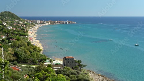 Panoramic summer view of Acciaroli coastline, Cilento region, Campania, Italy.