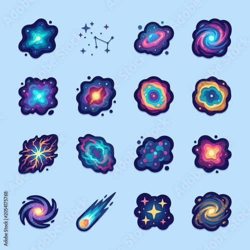 A collection of colorful cosmic icons set on a light background