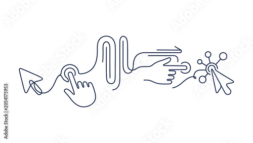 Continuous line drawing of a cursor transforming into a hand with a finger pointing to a splashing water drop.
