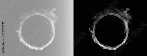 Obraz na plátne Abstract magical white smoke ring portal isolated on black and grey background,